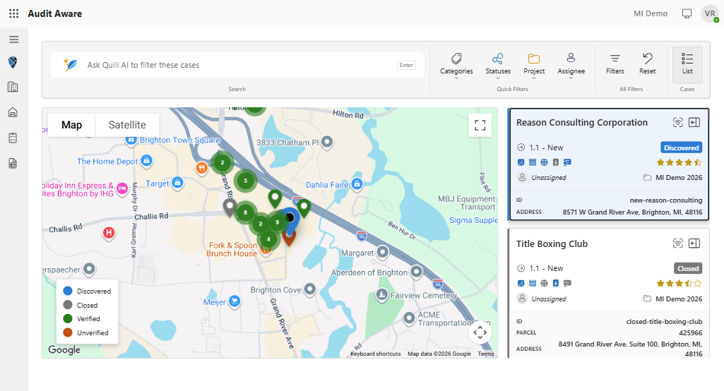 Digital Canvas map view: case pins and clusters colored by category, Quill AI search and quick filters, and a list of business cases with status and score